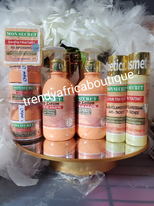 Combo deal: ORIGINAL: 7 pcs set: Mon secret fast action Eclaircissant, whitening, brightening & glowing combo set. Anti black stains and marks. Body Lotion 300ml x 2,  serum 60mlx 2, face cream 50g x2,& one soap