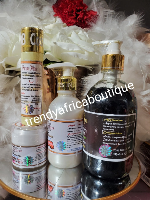 4pc perfect combo: whitish White exclusive Natural fairness body milk 250ml, serum/oil 50ml, + face cream 60g.& black shower gel. 100% response of dark sports.💯 AUTHENTIC