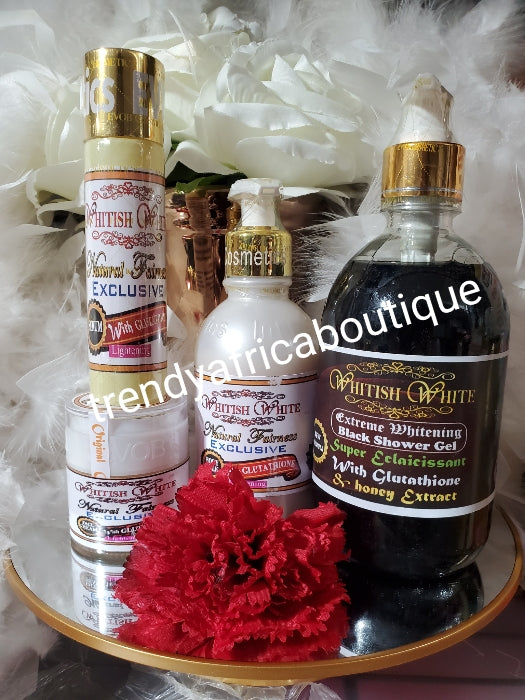 4pc perfect combo: whitish White exclusive Natural fairness body milk 250ml, serum/oil 50ml, + face cream 60g.& black shower gel. 100% response of dark sports.💯 AUTHENTIC