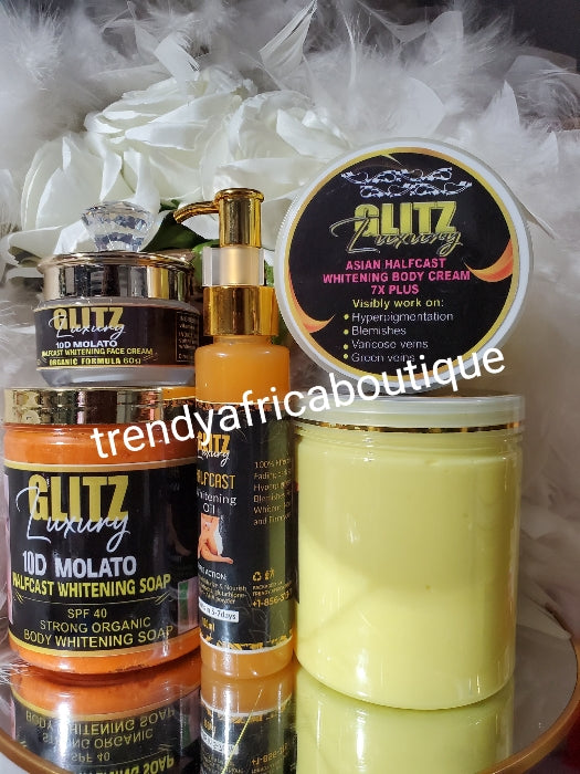 🔥4pc.BANGA Glitzluxury Asian Halfcast whitening body cream 7X PLUS, 500g x 1, halfcast oil 100ml, FACE CREAM 60g & RICH AUNTY MOLATO WHITENING SOAP,FAST ACTION AGAINST Hyperpigmentation, dark knuckles, green veins 👌 (Copy)