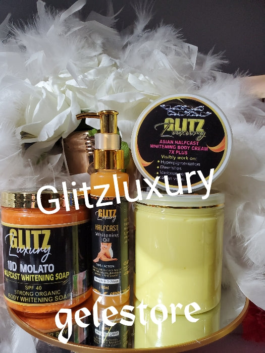 🔥4pc.BANGA Glitzluxury Asian Halfcast whitening body cream 7X PLUS, 500g x 1, halfcast oil 100ml, FACE CREAM 60g & RICH AUNTY MOLATO WHITENING SOAP,FAST ACTION AGAINST Hyperpigmentation, dark knuckles, green veins 👌 (Copy)