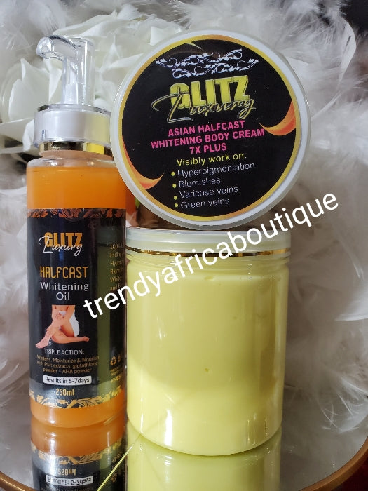 Breaking NEWS!!🔥 3pc. BANGA Glitzluxury Asian Halfcast whitening body cream 7X PLUS. 500g x 1 & halfcast oil 100ml, & our RICH AUNTY MOLATO WHITENING SOAP!! FAST ACTION AGAINST Hyperpigmentation, dark knuckles, green veins 👌