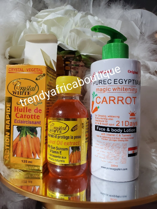 Perfect 2pcs combo: Purec egyptian magic whitening carrot body lotion & RWT Crystal White carrot oil. Skin lightening witj sun scree and vitamin E. 125ml QUICK SOLUTION.