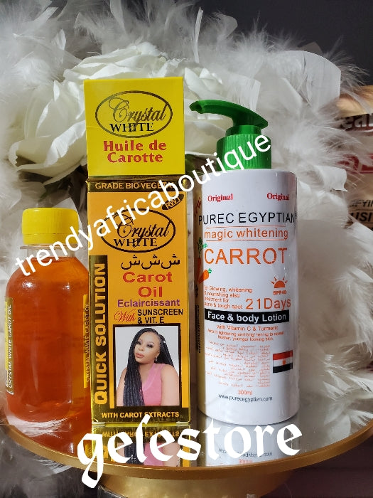 Perfect 2pcs combo: Purec egyptian magic whitening carrot body lotion & RWT Crystal White carrot oil. Skin lightening witj sun scree and vitamin E. 125ml QUICK SOLUTION.