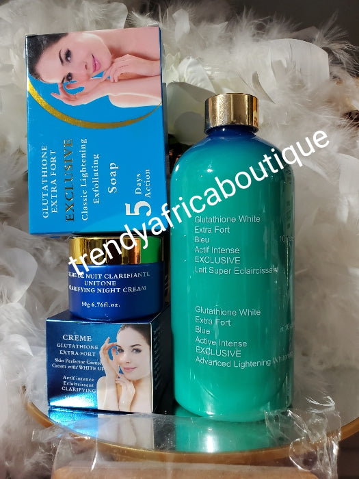 Perfect combo: Glutathion white Extra stronge blue, exclusive Active intemse exclusive intense whitening body milk, face cream & Exfoliating 5 days whitening bae soap