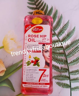 New VEET gold Rose hip face and body Miracle oil. Body repair, glowing & whitening spf 25.1000ml x 1. Comes with Pump