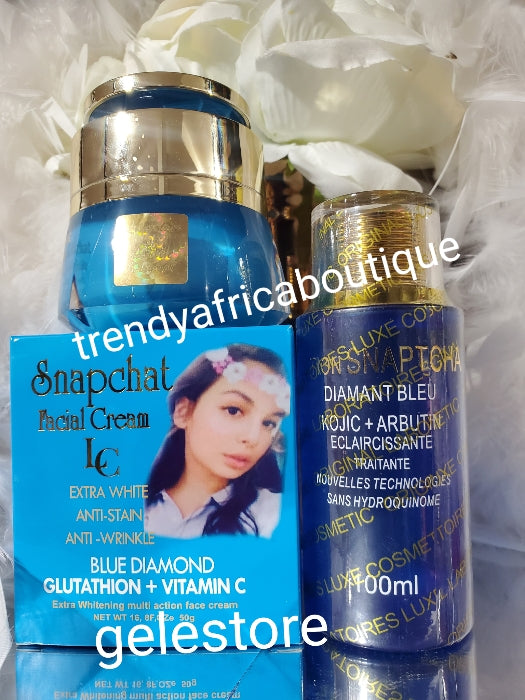 2pcs set; Snap chat diamond blue whitening face cream & snap chat kojic + Arbutin Face Cleanser. formulated to keep a younger looking skin.