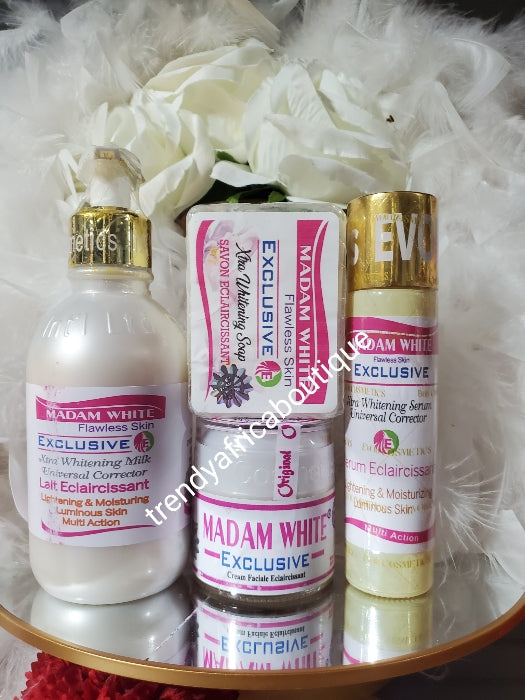 COMBO DEAL of  Madam white Exclusive flawless skin whitening, brightening  Body Lotion 250ml x 2 bottles, serum 60ml x 2,  face cream 60gx 2. Universal corrector, multi action set.