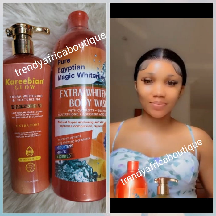 ANOTHER BANGA: kareebean glow Extra whitening & texturising body lotion & Egyptian magic extra whitening shower wash. With carrots + egg yolk and glutathione, ascorbic acid & Collagen 👌👌