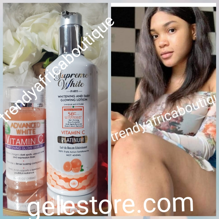 2pcs. NEW BANGA: Supreme White paria  💯 Vitamin C platinum skin corrector & firming whitening body lotion 450ml & Advance white Vitamin C serum 100ml