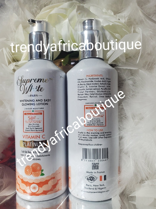 NEW BANGA: Supreme White Paris  💯 Vitamin C platinum skin corrector & firming whitening body lotion 450ml spf 50. Anti dark spots