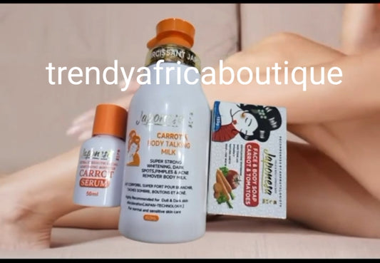 3pcs. Set: New Banga:  Japonesa Carrot body talking lotion, serum & soap combo. Strong whitening dark spots, blemishes remover