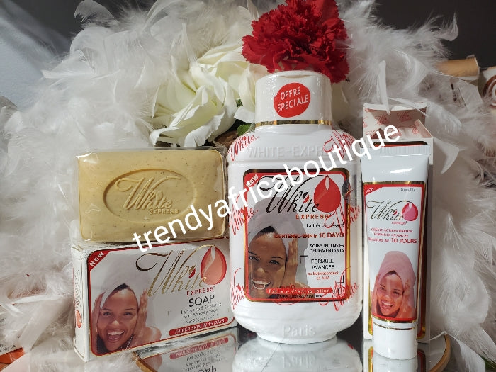 3pcs set:  New white Express skin whitening body lotion 10 days action, lightening skin + exfoliating scrub soap and one white express Tube cream. 💯 AUTHENTIC