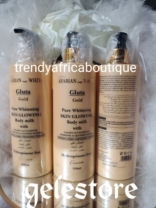 Arabisches Zauberweiß. Gluta Gold Pure Hautaufhellung und Körperlotion 350 ml. Formuliert mit Glutathion und hautstrahlenden Inhaltsstoffen