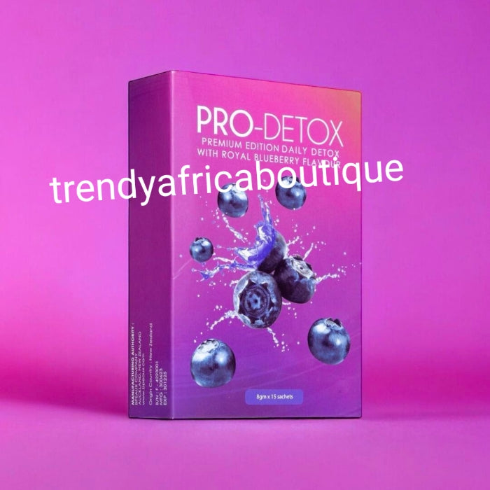 New Pro DETOX with royal blue berry flavor. Premium edution. 8gm x 15 sachet per box. Sold per box