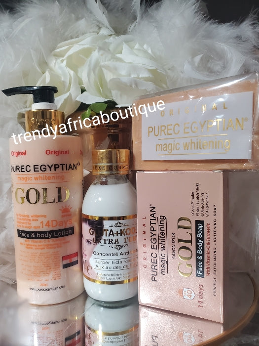 3pcs. Set purec egyptian magic whitening gold face & body lotion with vit. C+ turmeric plus Gluta + kodjic extra fort serum and soap. 💯 satisfaction