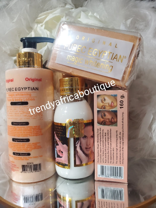 3pcs. Set purec egyptian magic whitening gold face & body lotion with vit. C+ turmeric plus Gluta + kodjic extra fort serum and soap. 💯 satisfaction