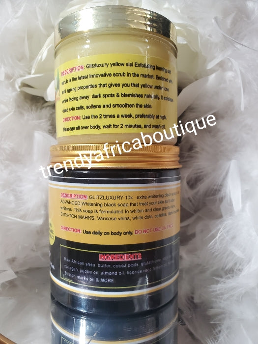 2pcs. BANGA: Treat your skin with our Glitzluxury 10X EXTRA WHITENING TREATMENT BLACK SOAP 600g 💯 ORGANIC 7 days Action & Exfoliating Turmeric salt scrub 250g🔥🔥💪