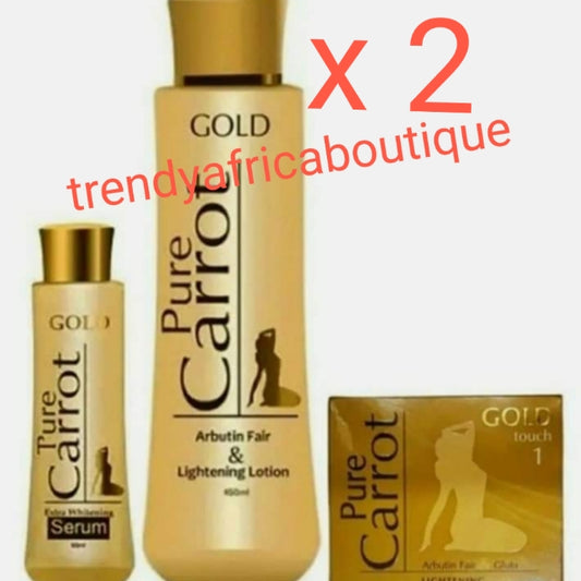 5-teiliges Set: Pure Carrot Gold, Arbutin Fair-Set: Goldlotion 450 ml, Serum, Seife und Duschgel-Set. Hautaufhellung und Aufhellung mit Alpha-Arbutin, Sheabutter, Formel für Karamell-/Bronze-Haut 