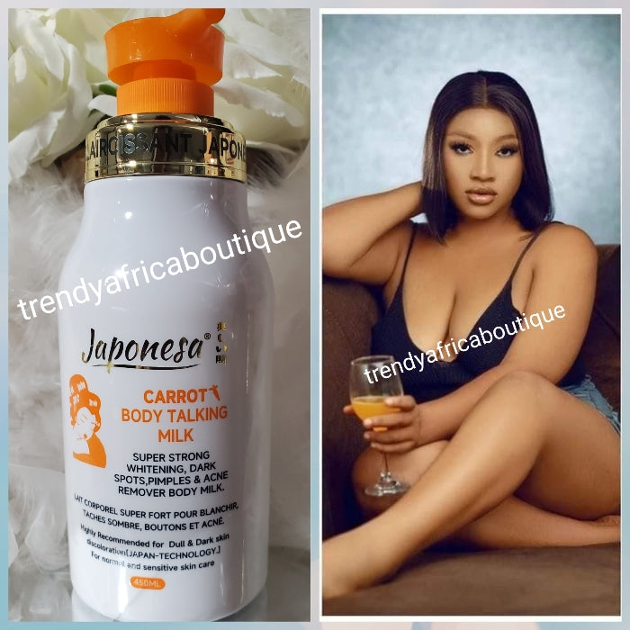 New Banga:  Japonesa Carrot body talking lotion. Strong whitening body lotion anti dark spots, blemishes remover 👌 formulated with carrot & tomatoes extracts. Highly recommend for dark dull skin.  450mlx 1.