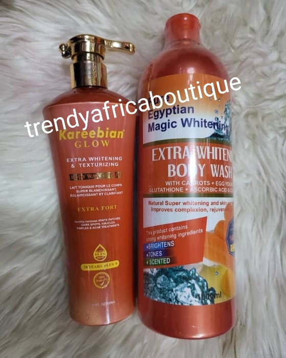 Another bangar!! 2pcs set: Koreebean Glow Extra whitening & glowing body lotion &  Pure Egyptian magic gold  extra whitening shower gel. With carrots & egg yolk