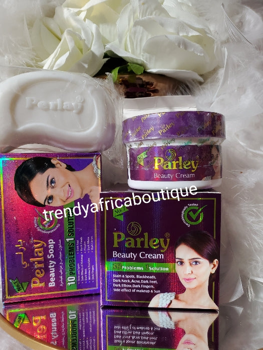 2pcs. Parley Beauty soap & Parley beauty face cream in a cup (purple jar) 10 problems, 1 solution. Fights facial blemises, keep your face soft and glowing 50g jar x1. Makes your skin fairer and protect your skin. Anti acne and dark spots