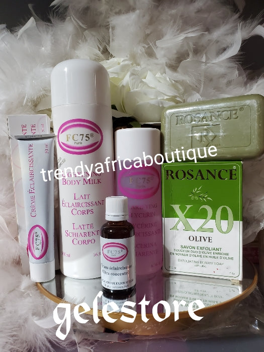 5pcs. BANGA!! FC75 PARIS reinforced French formula body treatment lotion, whitening serum, glycerin, face cream with albutin, glycolic acid, & Rosance X20 exfoliating soap