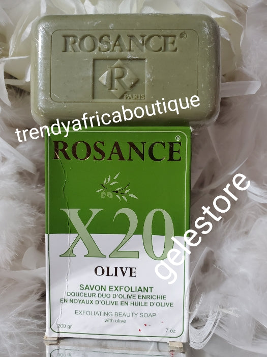 Rosance X20 Olive (Fc75) pure vegetable exfoliating Beauty soap. Duo action. Exfoliates and soften the skin for face & body. 200g x 1