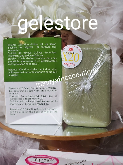 Rosance X20 Olive (Fc75) pure vegetable exfoliating Beauty soap. Duo action. Exfoliates and soften the skin for face & body. 200g x 1