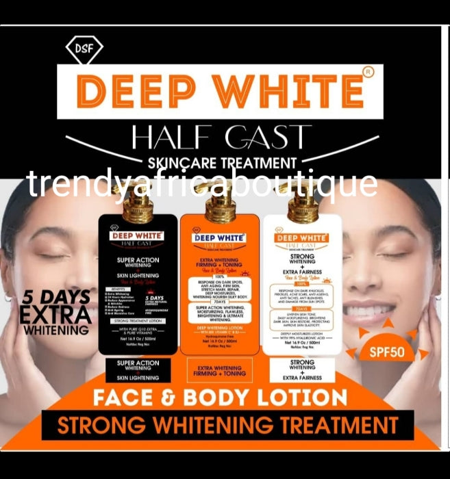 Another Banga!!! Deep White half-cast face & body lotion. Strong whitening + Extra fairness with spf 50. Visible results in 5 days according to the manufacturer 👌 500mlx 1