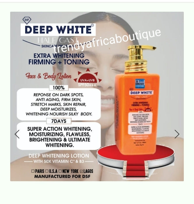 Another Banga!!! Deep White half-cast face & body lotion. Extra whitening, firming & Toning face & body lotion. spf 50. Visible results in 7 days. Fades stretch marks