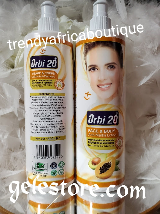 Another Banga!!! Orbi 20 face & body anti marks lotion. Enriched witj natural papaya extracts. Rapid action for even skin tone. 500ml x 1. 💯 Authentic