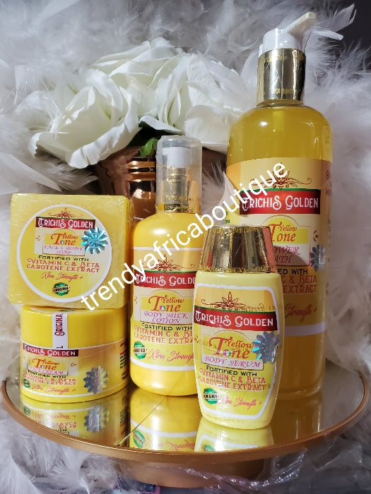 New product alerts: 5pcs. Set.  EVOB TRICHIS Golden Yellow Tone  body milk, serum, face cream, bar soap & shower gel with Beta carotene and Vitamin C, whitening vitamins 500m