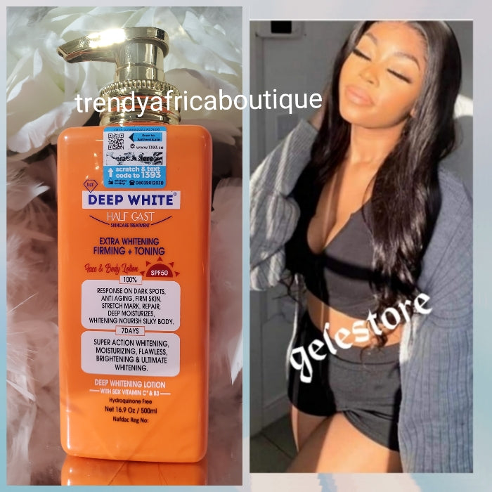 Another Banga!!! Deep White half-cast face & body lotion. Extra whitening, firming & Toning face & body lotion. spf 50. Visible results in 7 days. Fades stretch marks