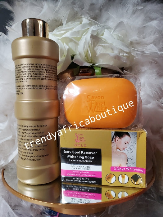 2pcs. Original final white Gold lotion & Soap with Glutathion 500ml, advance toning milk   formulated with natural plant extracts. Fast acting brightening the skin safely. 500ml body lotion.