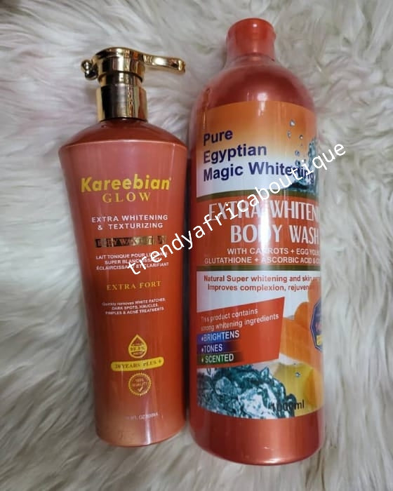 Another bangar!! 2pcs set: Koreebean Glow Extra whitening & glowing body lotion &  Pure Egyptian magic gold  extra whitening shower gel. With carrots & egg yolk