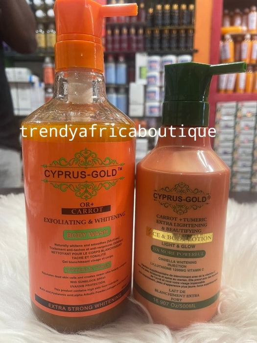 2pcs Banga: Cyprus-gold Carrot + Turmeric Extra lightening & beautifying body lotion with cindella whitening INJ. & exfoliating shower gel👌👌