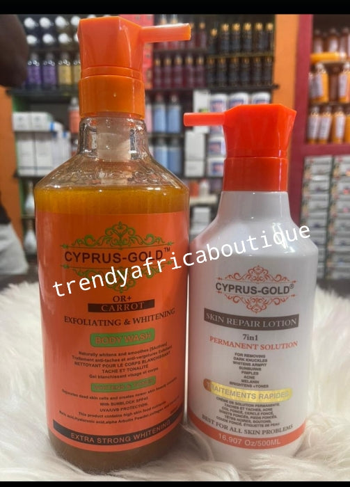 2pcs. Banga: Cyprus-gold skin Repair body lotion. Permanent solution 7 in 1 action Anti sun burn, Acne, whiten armpits and more. 500m & Cyprus-gold exfoliating shower wash