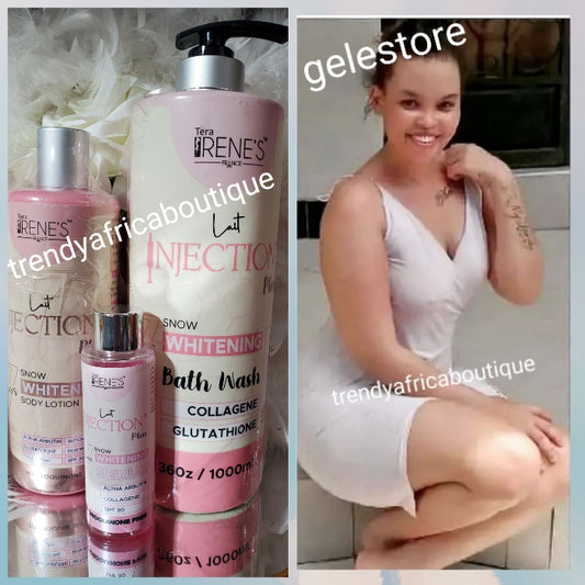 3pcs. Tera Irene's lait injection plus SNOW whitening body lotion, shower gel and serum. See results from 7 days. PLUS serum 400ml x 1 spf 30. Glutathion, collagen alpha arbutin, witch hazel