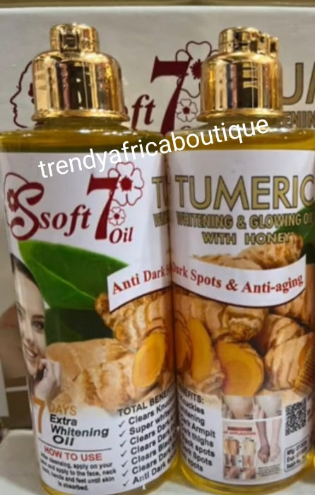 2pcs. Banger👌👌: Soft 7 Turmeric whitening exfoliating & Glowing oil. Based on Turmeric + Honey extracts. 7 days action. Anti dark spots, anti aging 250ml x 1 bottle sale! Face & body oil.