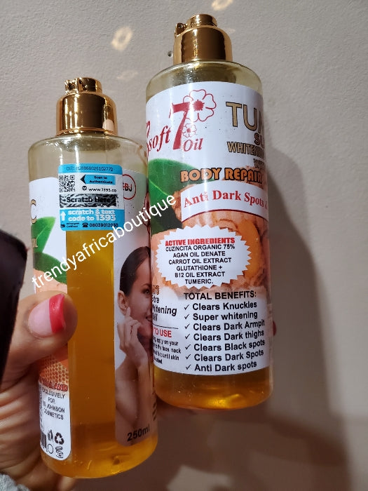 2pcs. Banger👌👌: Soft 7 Turmeric whitening exfoliating & Glowing oil. Based on Turmeric + Honey extracts. 7 days action. Anti dark spots, anti aging 250ml x 1 bottle sale! Face & body oil.