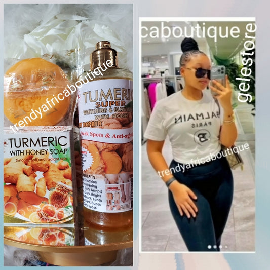 2pcs. Banger👌👌: Soft 7 Turmeric whitening exfoliating & Glowing oil. Based on Turmeric + Honey extracts. 7 days action. Anti dark spots, anti aging 250ml x 1 bottle sale! Face & body oil.