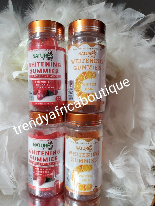 4 bottle sale. AUTHENTIC Nature's Cure whitening gummies supplements, 2 bottle Strawberry flavor & 2 bottle Orange flavor. Skin whitening, hydrates and youthful skin. 30gummiea per bottle.