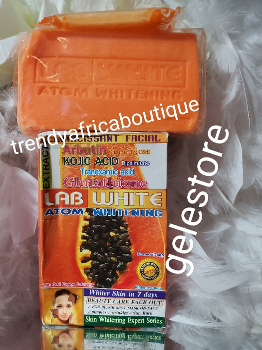 Lab white whitening papaya extract & kojic soap. extract, kojic, glutathione, collagen extracts. 200g x 1