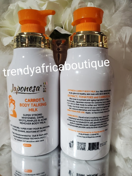 New Banga:  Japonesa Carrot body talking lotion. Strong whitening body lotion anti dark spots, blemishes remover 👌 formulated with carrot & tomatoes extracts. Highly recommend for dark dull skin.  450mlx 1.