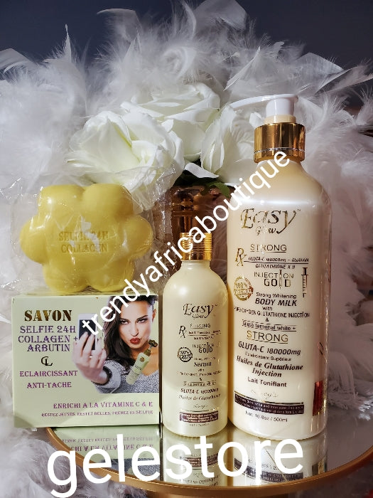 3pcs. Easy Glow Gold. strong whitening body lotion 400ml,& serum with Gluta C organic whitening serum. Gluta C 180000mg combo with Selfie 24h collagen & Albutin Fast action