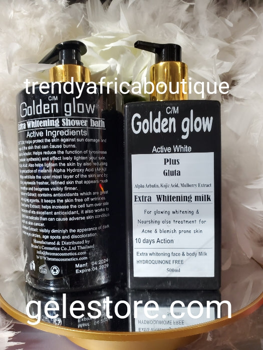 Another Banga; 2pcs Golden Glow Active white plus Gluta. Xtra Whitening face & body lotion and the shower gel spf 20👌 HYDROQUINOUN free