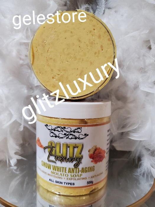 2pcs BANGA!! Glitzluxury yellow sisi Exfoliating & foaming salt scrub & SNow white anti-aging Molato whitening soap👌👌with egg yolk, turmeric & organic salt. Super skin glowing, lightening & Exfoliating