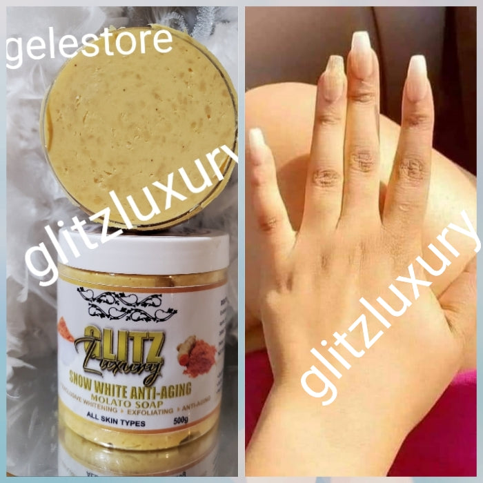 2pcs BANGA!! Glitzluxury yellow sisi Exfoliating & foaming salt scrub & SNow white anti-aging Molato whitening soap👌👌with egg yolk, turmeric & organic salt. Super skin glowing, lightening & Exfoliating