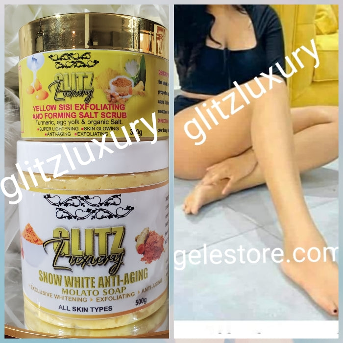 2pcs BANGA!! Glitzluxury yellow sisi Exfoliating & foaming salt scrub & SNow white anti-aging Molato whitening soap👌👌with egg yolk, turmeric & organic salt. Super skin glowing, lightening & Exfoliating